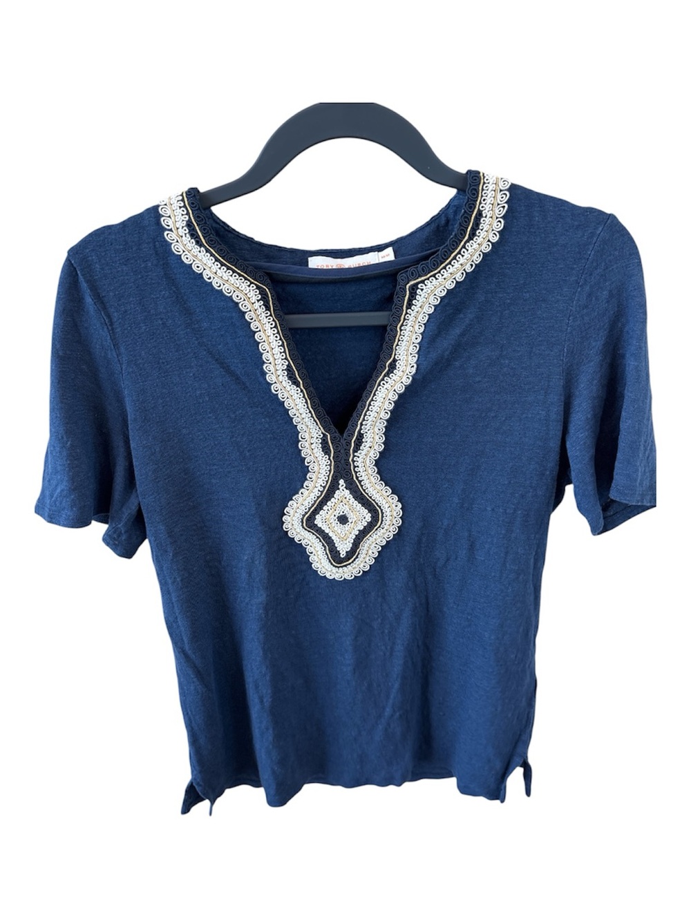 Tory Burch Navy Short-Sleeve Top with White Embroidered V-Trim